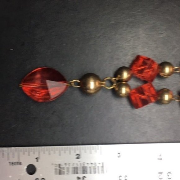 Red Y-Drop Necklace Long Gold Pink Transluscent Chunky - Picture 4 of 7